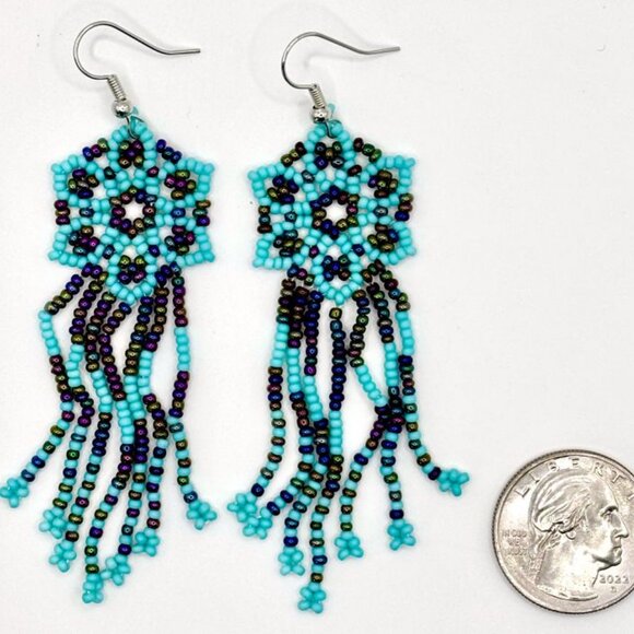 Turquoise & Iridescent Black Flower Tassel Hand Beaded Seed Bead Dangle Earrings - Picture 3 of 3